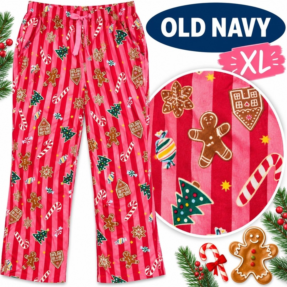 Old Navy Women's XL Christmas Pajama Pants Gingerbread Candy Cane Pink Pockets